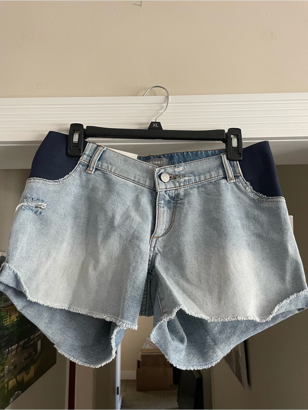 DL1961 Light Blue Denim "Boyfriend" Maternity Shorts with Navy Side Panels